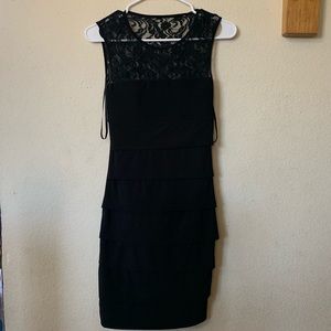 Lace top, multi tiered black body con dress
